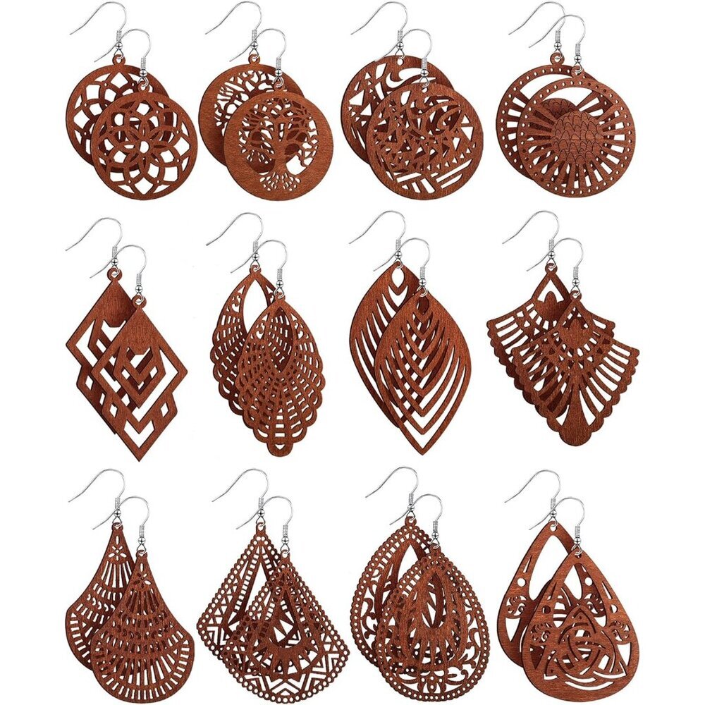 12 Pairs African Wooden Dangle Earrings Lightweight Drop Earrings Bohemian Penda